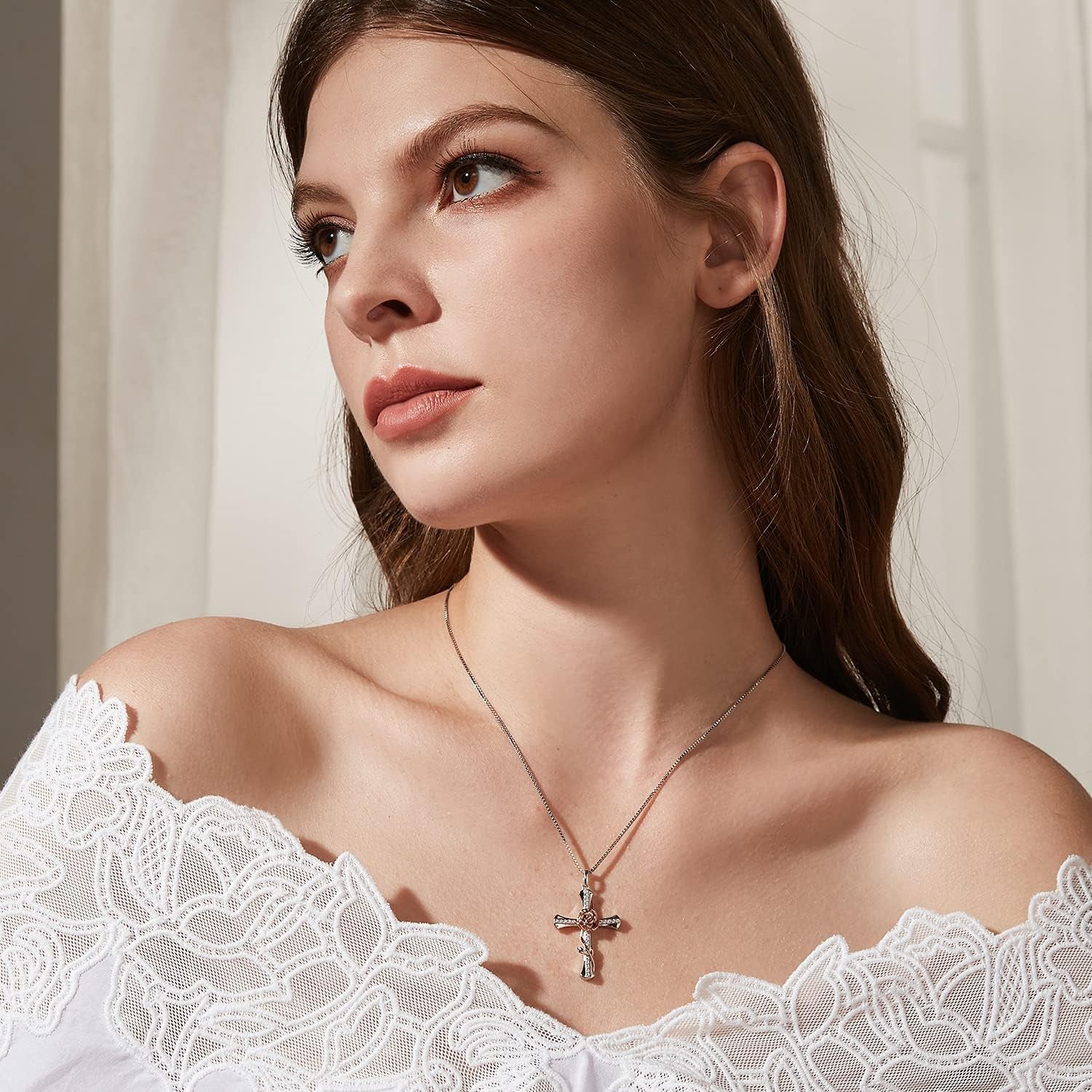 Rose Cross Necklace for Women 925 Sterling Silver Infinity Rose Cross Pendant Cubic Zirconia, Cross Jewelry Gift for Women Mom