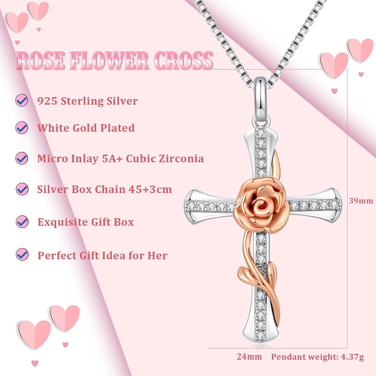 Rose Cross Necklace for Women 925 Sterling Silver Infinity Rose Cross Pendant Cubic Zirconia, Cross Jewelry Gift for Women Mom
