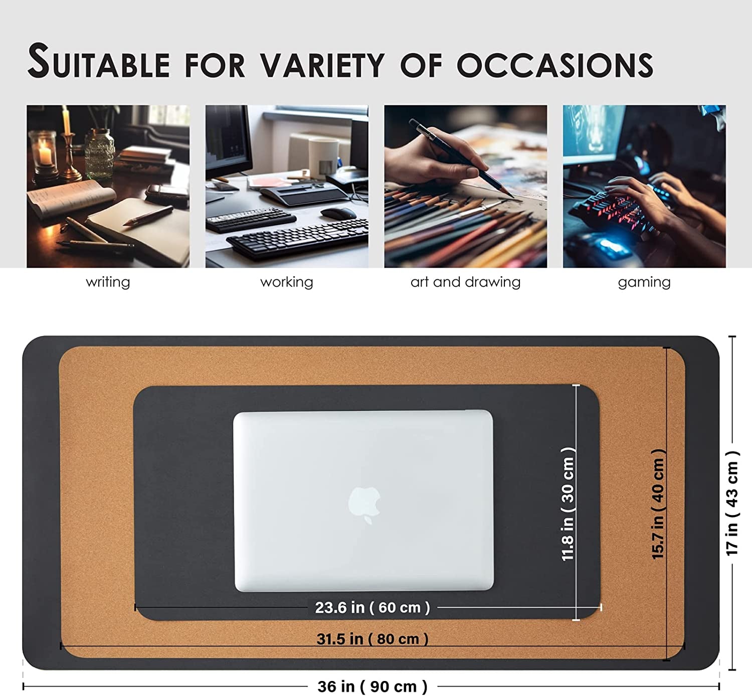 Compact Cork Desk Mat - Small Dual-Sided Desk Pad for Office and Home - Desk Organization and Accessories - Ideal for Large Mouse Pad and Small Desk Mats on Top of Desks(Black,60Cmx 30Cm)